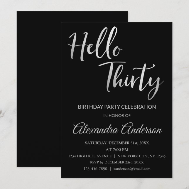 Invitación Relieve metalizado plateado Hola 30 Fiesta de Trei (Anverso / Reverso)