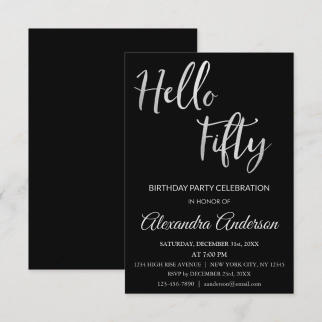 Invitación Relieve metalizado plateado Hola 50 Fiesta de 50º  (Anverso / Reverso)