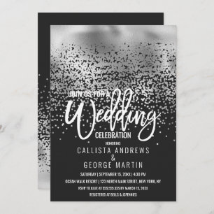 Invitación Relieve metalizado plateado negro moderno Confetti