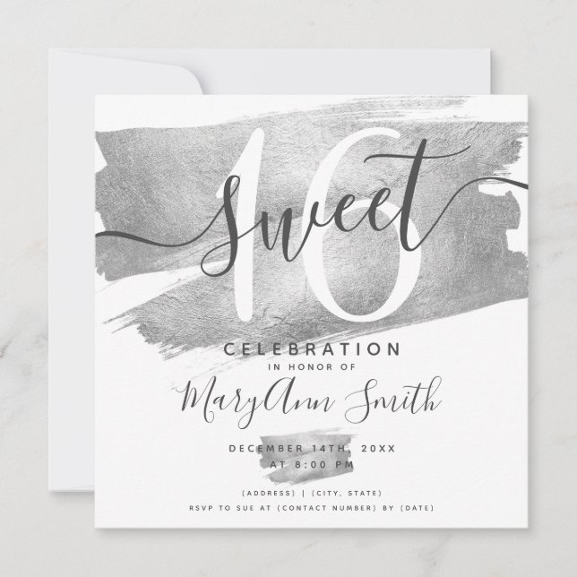 Invitación Relieve metalizado plateado Paint Sweet 16th Birth (Anverso)