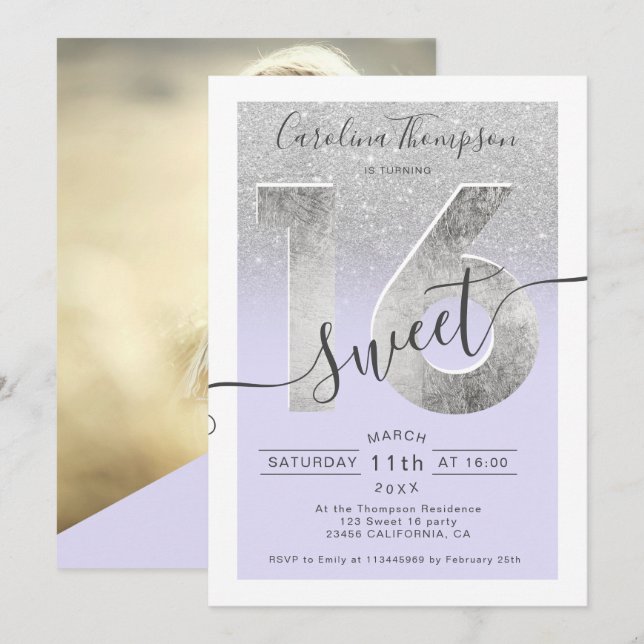 Invitación Relieve metalizado plateado purpurina de guión dul (Anverso / Reverso)