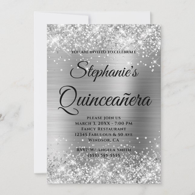 Invitación Relieve metalizado plateado Purpurinoso Fancy Mono (Anverso)
