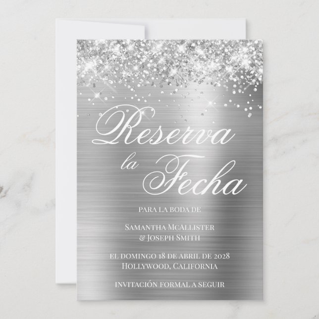 Invitación Relieve metalizado plateado Purpurinoso Foto Reser (Anverso)