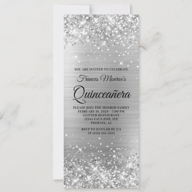 Invitación Relieve metalizado plateado Purpurinoso Quinceañer (Anverso)