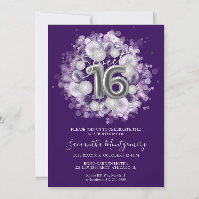Invitación Relieve metalizado plateado Sweet 16 Bday Balloons (Anverso)