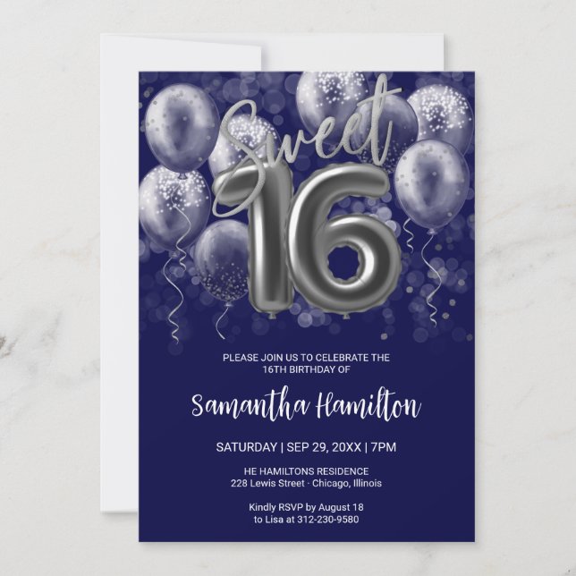 Invitación Relieve metalizado plateado Sweet 16 Bday Balloons (Anverso)