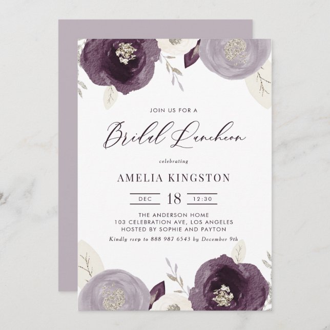 Invitación Relieve metalizado plateado y flores púrpura almue (Anverso / Reverso)