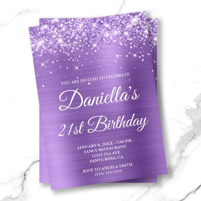 Invitación Relieve metalizado púrpura espumoso Purpurinoso cl (Sparkly Glittery Light Purple Foil 21st Birthday Invitation)