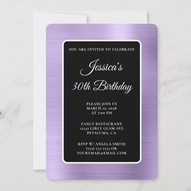 Invitación Relieve metalizado púrpura pálido negro y blanco 3 (Anverso)