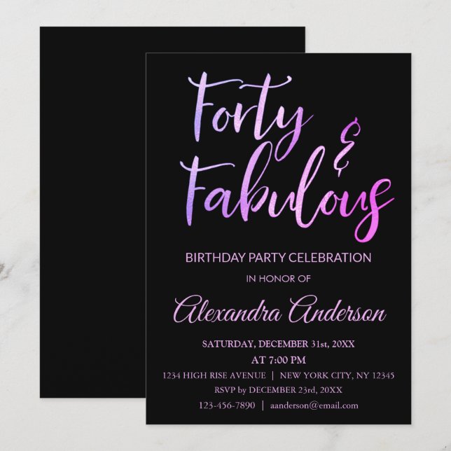 Invitación Relieve metalizado Púrpura Rosa Cuarenta y Fabulos (Anverso / Reverso)
