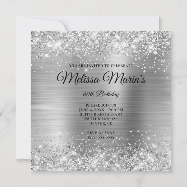 Invitación Relieve metalizado Purpurina de Plata Faux Monogra (Anverso)