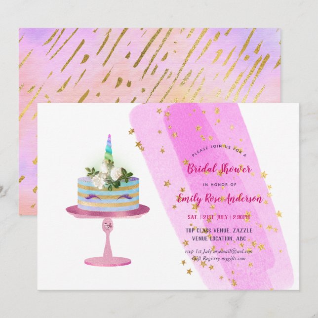 Invitación Relieve metalizado purpurina Mire Chicas UNICORN C (Anverso / Reverso)