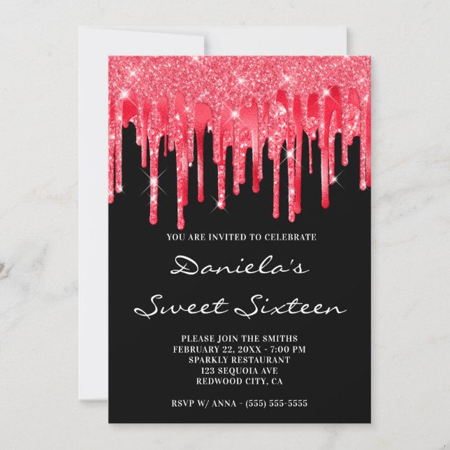 Invitación Relieve metalizado Purpurina rojo gotea dulce negr (Anverso)