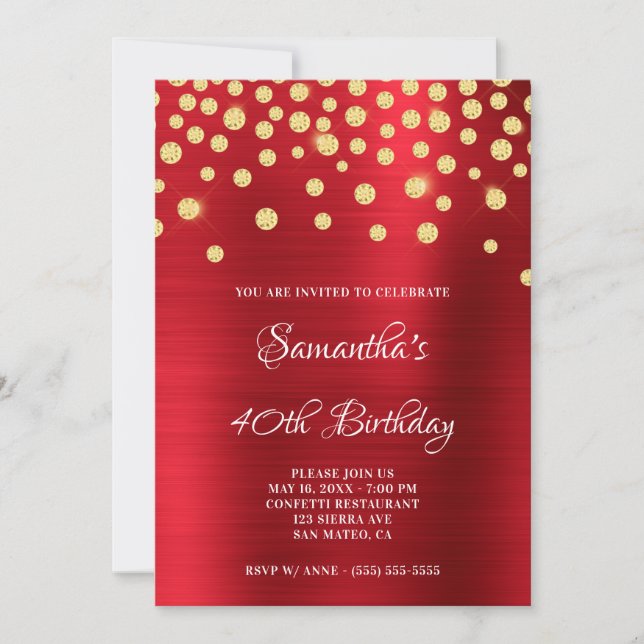 Invitación Relieve metalizado Rojo De Diamante Dorado Satin O (Anverso)