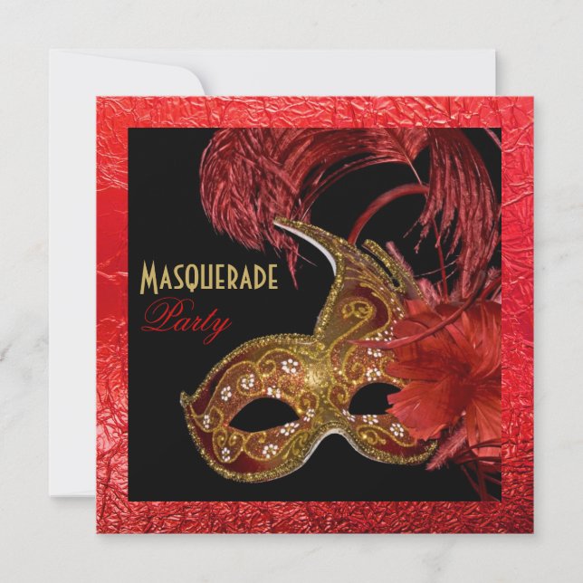 Invitación Relieve metalizado rojo fiesta Masquerade Quinceañ (Anverso)