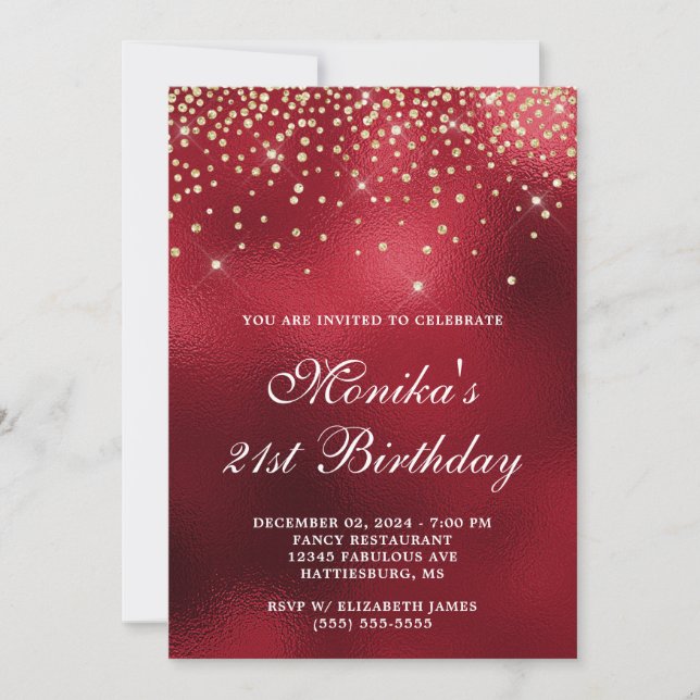 Invitación Relieve metalizado Rojo Oro Diamante Confetti Negr (Anverso)