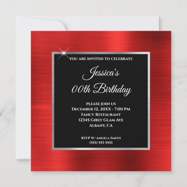 Invitación Relieve metalizado Rojo Plata y Cumpleaños Negro (Anverso)
