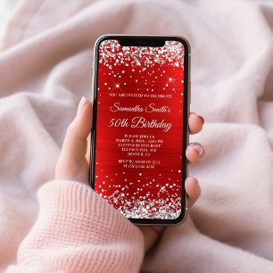 Invitación Relieve metalizado Rojo Purpurina Plateado 50 cump