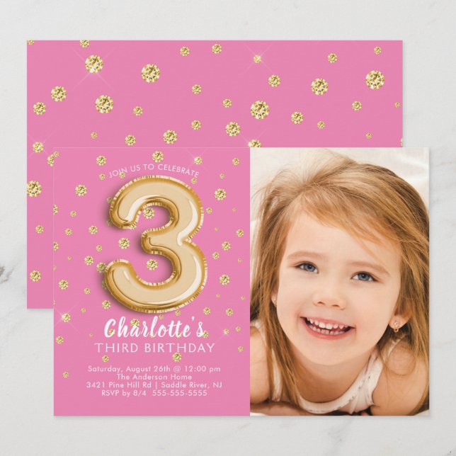 Invitación Relieve metalizado rosa foto de globo 3er cumpleañ (Anverso / Reverso)