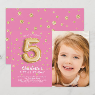 Invitación Relieve metalizado rosa foto en globo 5º cumpleaño