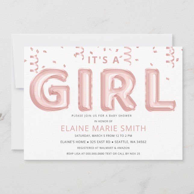 Invitación Relieve metalizado rosa globos Confetti Chica Baby (Anverso)