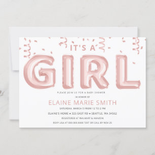 Invitación Relieve metalizado rosa globos Confetti Chica Baby