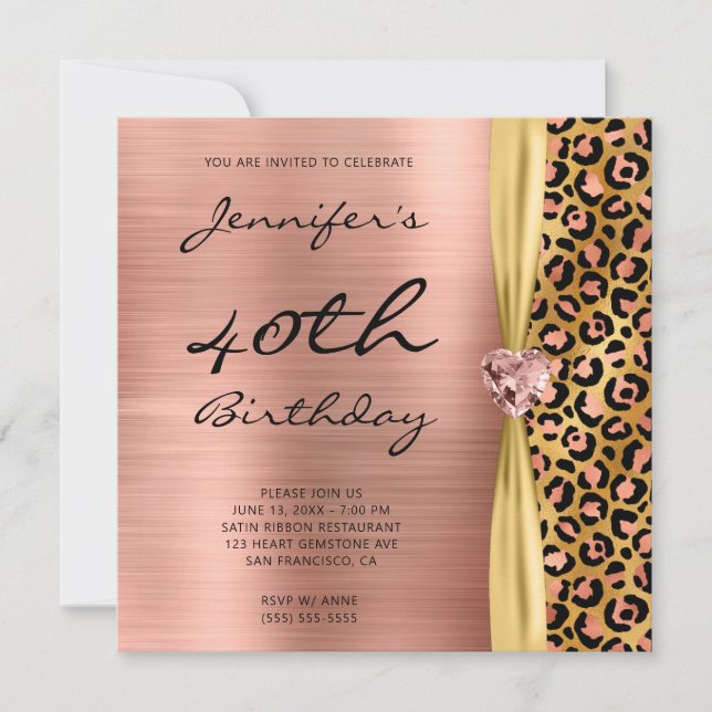 Invitación Relieve metalizado Rosa Gold Leopard Gem Ribbon 40 (Anverso)