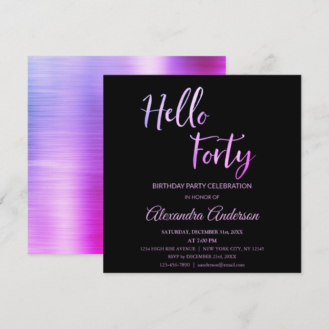 Invitación Relieve metalizado Rosa Morado Hola 40 Fiesta de C (Anverso / Reverso)