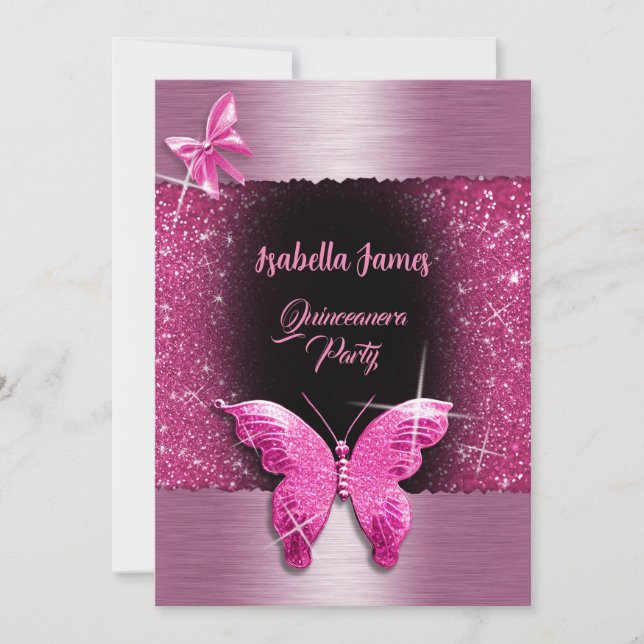 Invitación Relieve metalizado rosa negro de Quinceañera de 15 (Anverso)