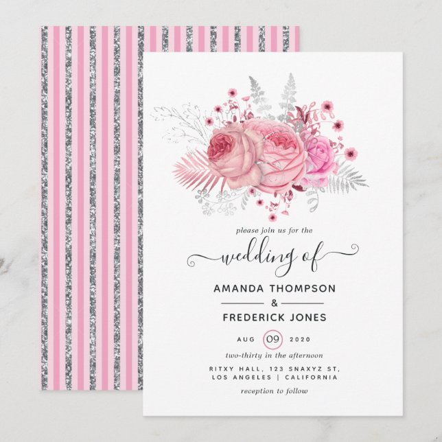 Invitación Relieve metalizado rosa y falso y Purpurina   Plat (Anverso / Reverso)