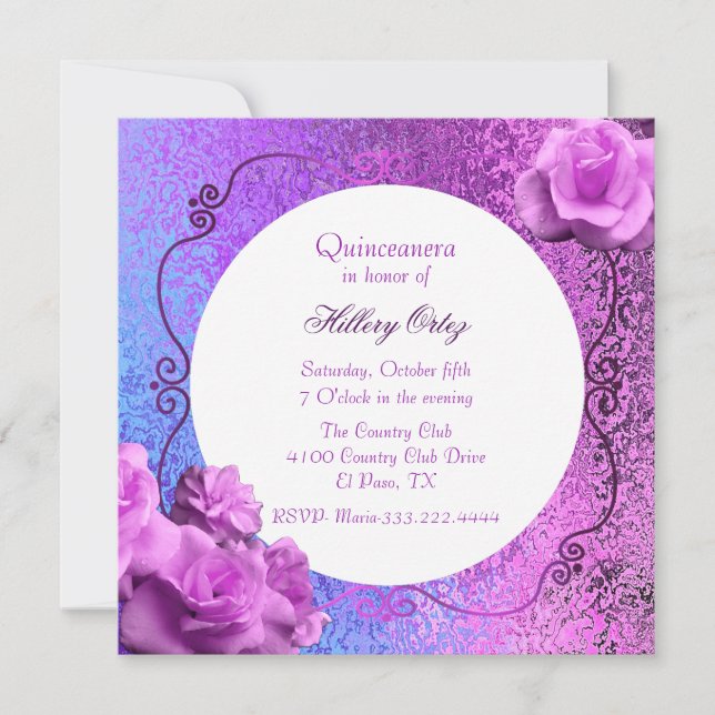 Invitación Relieve metalizado rosa y morado Aspecto Quinceane (Anverso)