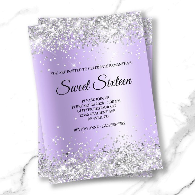 Invitación Relieve metalizado satinado de lavanda Purpurina p (Silver Glitter Lavender Satin Foil Sweet Sixteen Invitation)