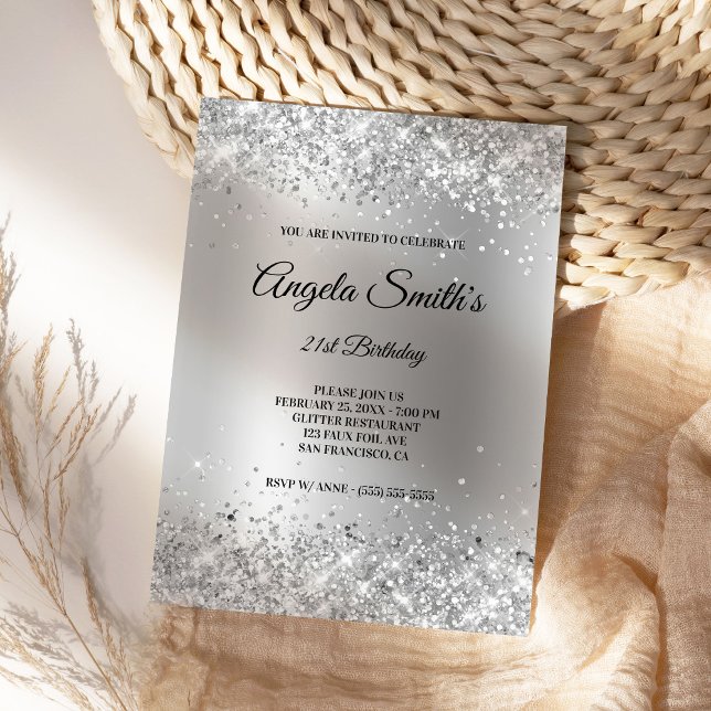 Invitación Relieve metalizado satinado de Purpurina fino y pl (Create your own silver glitter birthday invites.)