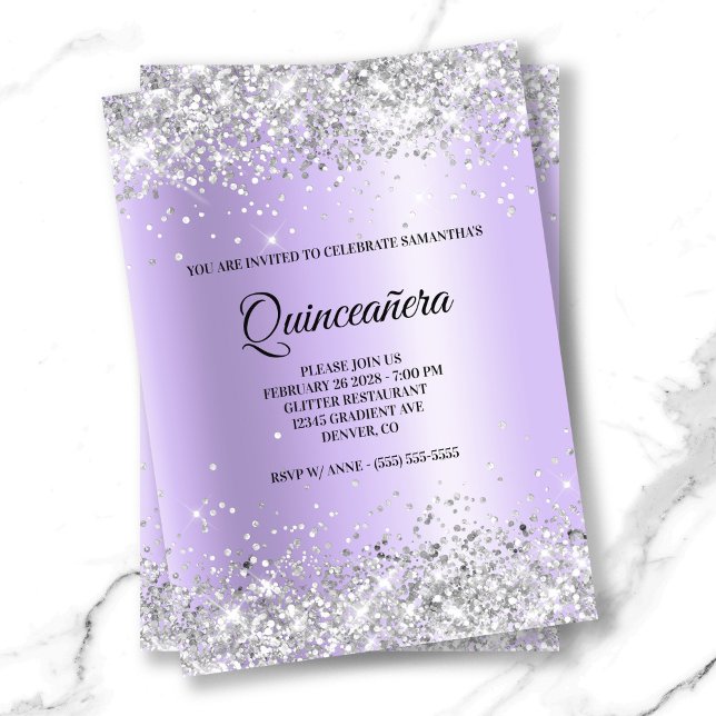 Invitación Relieve metalizado satinado Purpurina plateado Qui (Silver Glitter Lavender Satin Foil Quinceanera Invitation)