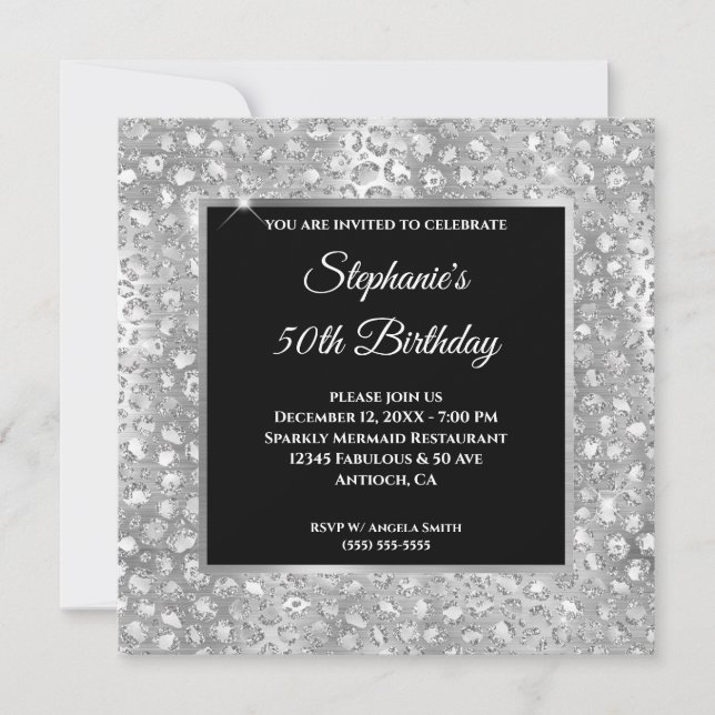 Invitación Relieve metalizado Sparkly Silver Purpurina Leopar (Anverso)