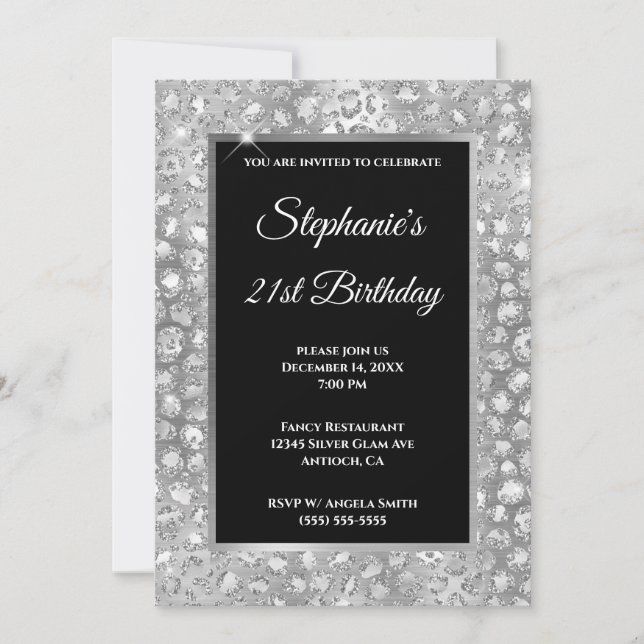 Invitación Relieve metalizado Sparkly Silver Purpurina Leopar (Anverso)