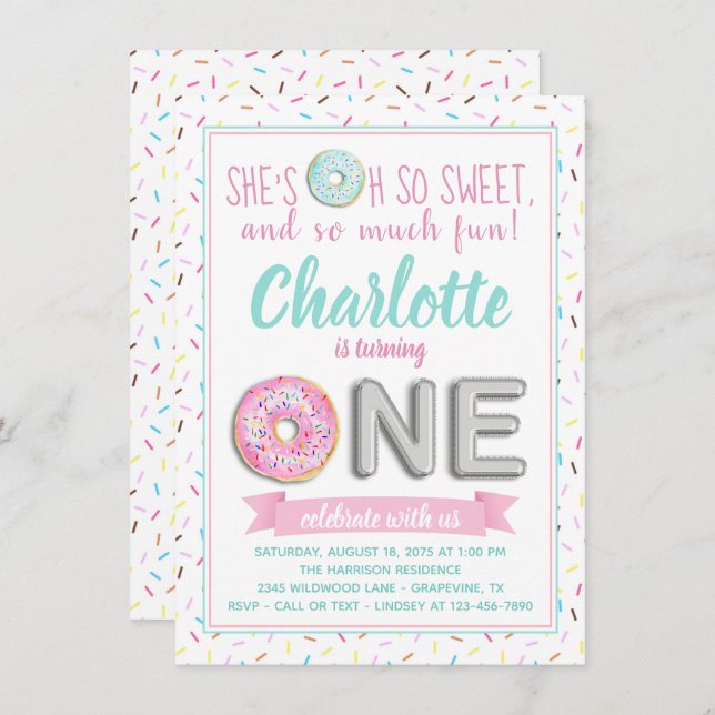 Invitación Relieve metalizado Sprinkle Donut Globo 1er Fiesta (Anverso / Reverso)