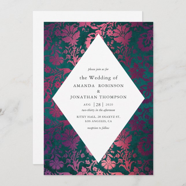 Invitación Relieve metalizado verde azulado y borgoña Glam Fa (Anverso / Reverso)