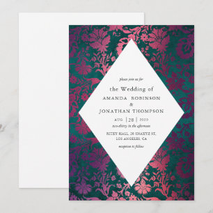 Invitación Relieve metalizado verde azulado y borgoña Glam Fa
