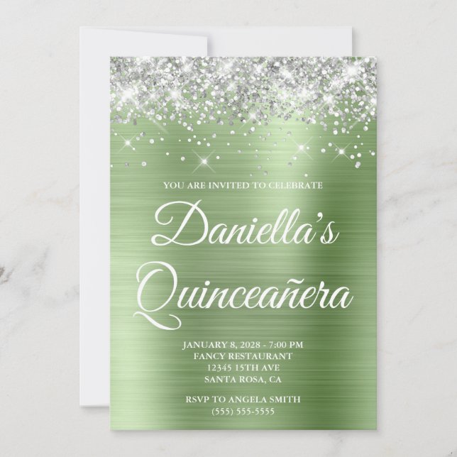 Invitación Relieve metalizado verde claro Purpurina plateado  (Anverso)