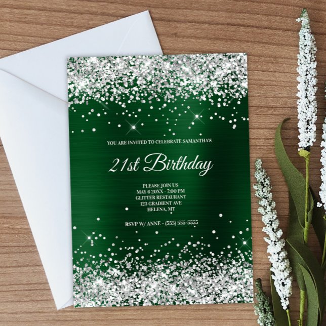 Invitación Relieve metalizado verde oscuro Purpurina de chisp (Create your own dark green birthday invitation.)