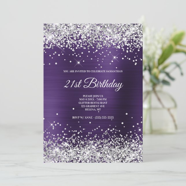 Invitación Relieve metalizado violeta oscuro Purpurina de chi (Anverso de pie)
