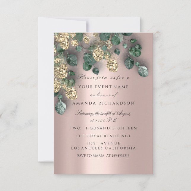 Invitación Relieves metalizados de Eucalyptus Greenery Rosa G (Anverso)