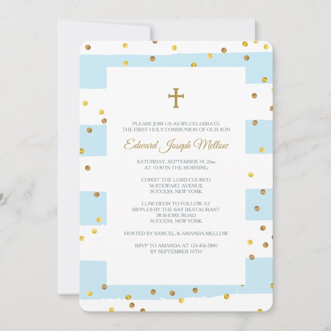 Invitación religiosa azul de Confetti dorado (Anverso)