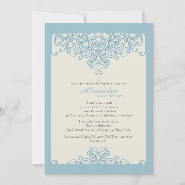Invitación religiosa azul ornamental (Anverso)