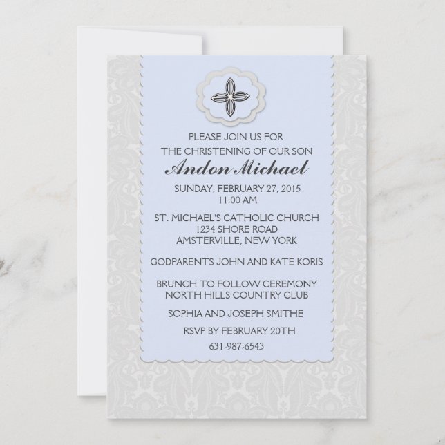 Invitación religiosa celestial Blue Damask (Anverso)
