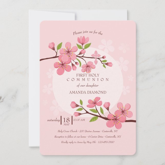Invitación Religiosa de Flores de Cerezo (Anverso)