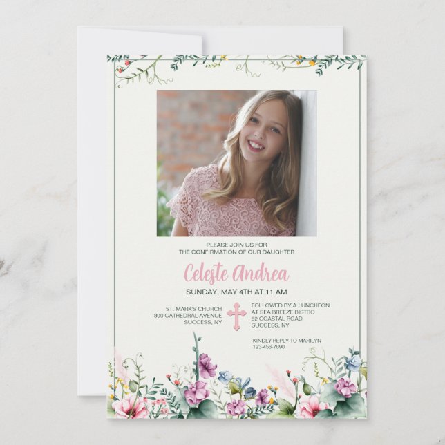 Invitación religiosa de foto de alegría floral (Anverso)