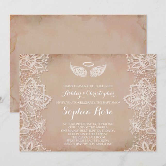 Invitación religiosa de Lace de color rosa (Anverso / Reverso)