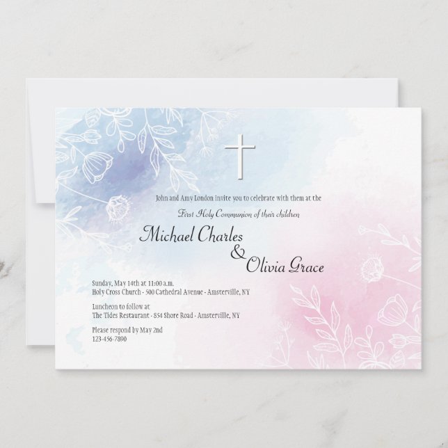 Invitación Religiosa floral azul y rosa (Anverso)